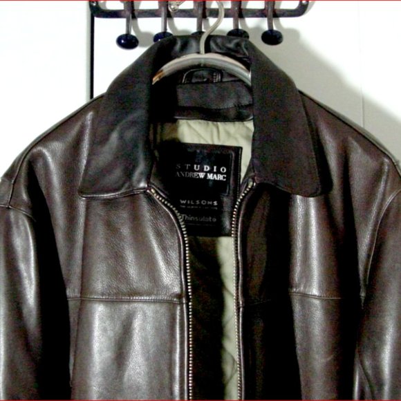 Vtg Wilson's Studio Andrew Marc Brown Leather Moto Bomber Jacket  Sz XL - Picture 3 of 7